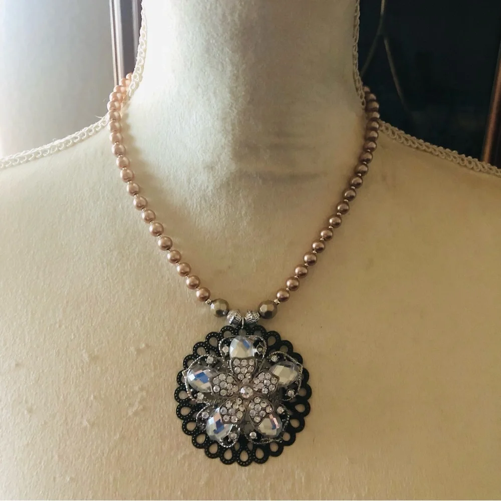 Handcrafted repurpose floral stone filigree pendant Czech glass Pearl necklace